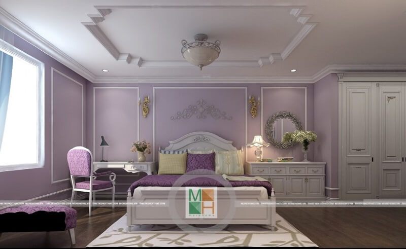 Mẫu giường ngủ gỗ tân cổ điển màu trắng đồng bộ với nội thất căn phòng ngủ mang đến vẻ đẹp sang trọng cho căn phòng.