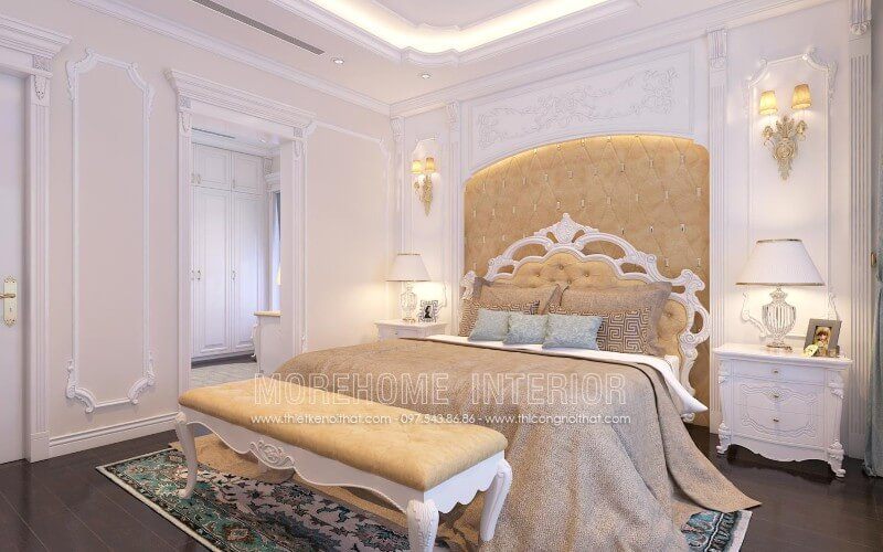 Mẫu giường ngủ gỗ tần bì phun sơn màu trắng tinh tế, nhẹ nhàng, từng đường nét hoa văn điêu khắc vô cùng tinh xảo mang lại không gian sang trọng, thanh thoát, đồng thời cũng thể hiện được gu thẩm mỹ cao của gia chủ