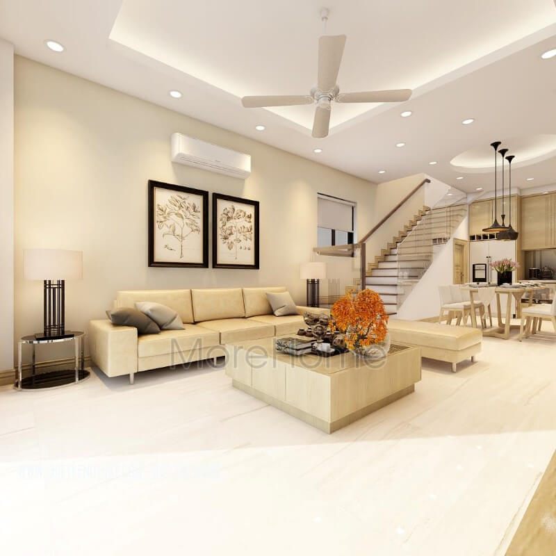 Lựa chọn nội thất tông màu kem sáng giúp tạo nên một không gian phòng khách hiện đại, sáng đẹp và độc đáo.